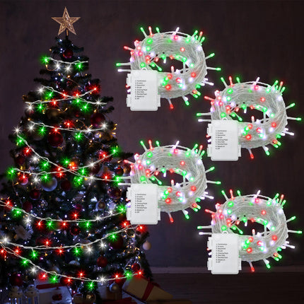 4 Pcs 49 ft Red White Green Christmas String Lights 150 Led Battery Operated Christmas Fairy Lights Timer 8 Modes Waterproof Christmas Outdoor Decoration Lights for Xmas Tree Indoor House