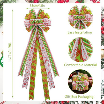Christmas Tree Topper Bow, 44X13 Inch Artificial Xmas Tree Topper Decor, Red Green Bow for Christmas Tree Home Wedding Indoor Outdoor Party Decor