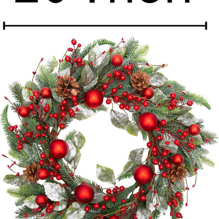 VGIA 20 Inch Christmas Wreath for Front Door Artificial Winter Wreath for Christmas Decor Xmas Wreath with Christmas Balls Pine Needles Pine Cone for Wall Window Holiday Decorations