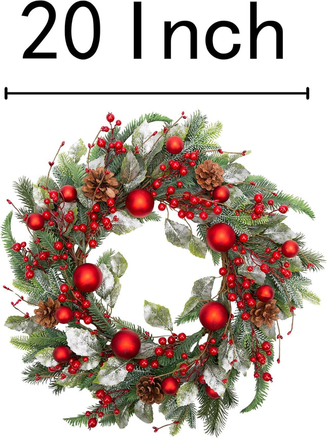 VGIA 20 Inch Christmas Wreath for Front Door Artificial Winter Wreath for Christmas Decor Xmas Wreath with Christmas Balls Pine Needles Pine Cone for Wall Window Holiday Decorations
