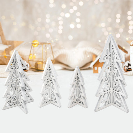 8 Piece Christmas Trees Wooden Table Decorations Centerpiece Holiday Wood White 3D Hallow Carving Tree Tiered Tray Tabletop Sign Decor 4 Sizes for Office Dining Mantle Home Winter Xmas Party Supplies