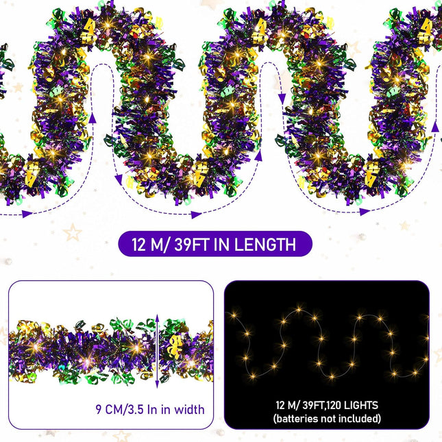 39.4 Feet Mardi Gras Garland with 120 LED Lights Mardi Gras Decorations for Tree Shiny Metallic Mardi Gras Tinsel Garland Ornament for Carnival Party Indoor Outdoor Decorations