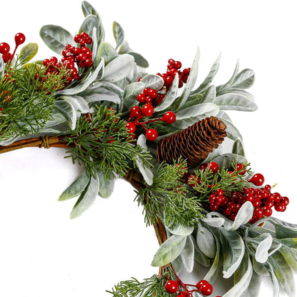 Sggvecsy 19 Inch Artificial Christmas Wreath for Front Door Flocked Lambs Ear Wreath with Red Berries Pine Needles Pinecones Christmas Decorations for Wall Outdoor Home Holiday Xmas Decor