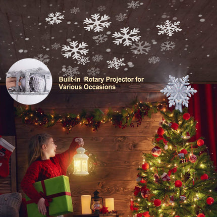Christmas Tree Topper Lighted with Built-in Led Rotating Snowflake Projector Lights, 9.6” Hollowed Tree Topper with Silver Spangles Plug In for Indoor Home Xmas Year Party Holiday Night Tree Decor