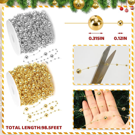 Jansun Christmas Tree Beads Garland, 2 Rolls 197 Feet Gold Silver Christmas Pearl Strands Chain Bead Garland for Christmas Tree Fireplace Wreath Crafts Wrapping Wedding Party Decoration