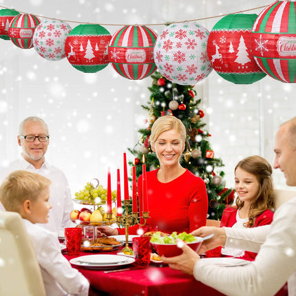 6 Pieces Christmas Hanging Paper Lanterns Set, Red Green White Christmas Party Lanterns, Round Hanging Lamps Christmas Paper Lanterns Decoration for Christmas Party Home Decoration Supplies Props