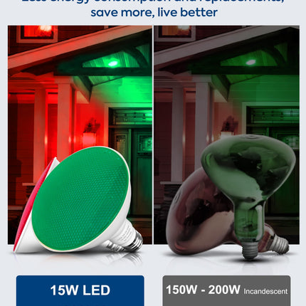 PAR38 Red Green LED Lights for Outside [Christmas Combo], 150W Flood Light Bulbs Equivalent, 15W 1200LM, Colored Outdoor Flood Light Bulb, E26 Base Not-dim for Christmas, Halloween, 2 Pack