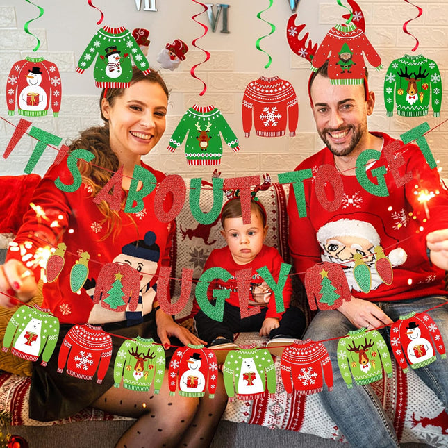 Red Green Its about to Get Ugly Banner and Ugly Sweater Garland Ugly Christmas Sweater Party Banner for Ugly Sweater Party Decorations, Ugly Christmas Sweater Party Supplies