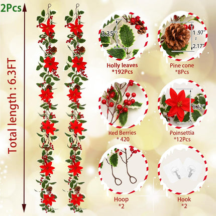 Christmas Decorations Garland - 2Pcs 12.6Ft Artificial Christmas Garland for Mantle, Holly Red Berry Garland with Poinsettia and Pine Cones for Xmas Tree Fireplace Indoor Outdoor Home Decor