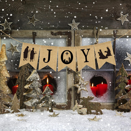 Doumeny Christmas Burlap Banner Nativity Joy Burlap Banner Nativity Scenes Bunting Banner Xmas Holiday Banner Garland Rustic Merry Christmas Hanging Banner for Year Party Home Mantel Fireplace