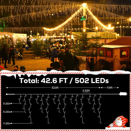 Christmas Icicle Lights Outdoor, 32.8FT 502 LED Warm White Lights for Outside, Plug in Connectable Twinkle Tree Lights 8 Modes Timer Waterproof for Roof Balcony Indoor Holiday Decorations