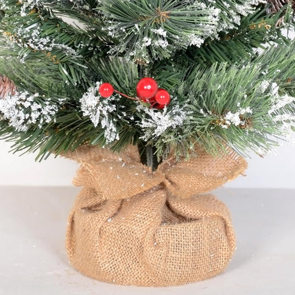 2ft Mini Christmas Tree with a Burlap Base, Unlit Artificial Small Tabletop Christmas Tree, Cashmere Snowy Table Fake Xmas Trees with a Cloth Bag Base, Green, Snow