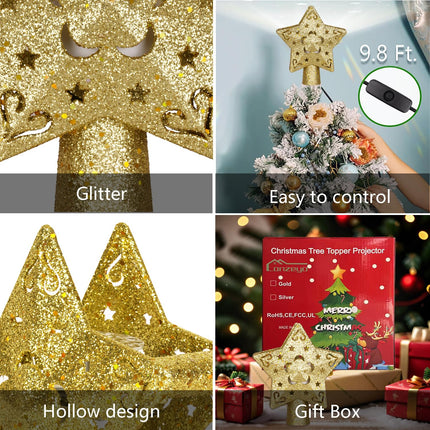 Christmas Tree Topper Lighted with 4 Projected Patterns, Christmas Tree Topper Star Projector Build-in LED Rotating Lights, 3D Glitter Gold Star for Xmas Party Holiday Decoration (Star)