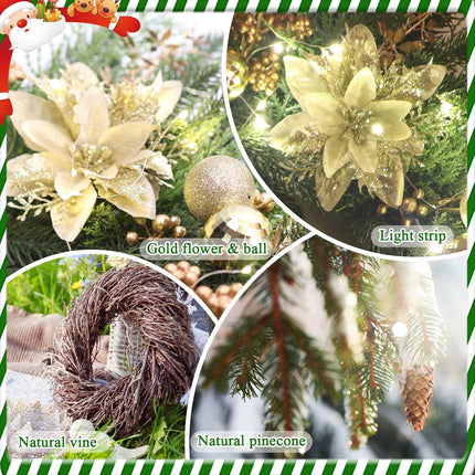 24” Christmas Wreaths for Front Door, Christmas Wreath with Lights Gold Flower Berry Leaves Ball, Glittering Wreath Decor Home Christmas Year