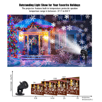Christmas Snowflake Projector Lights Outdoor, White LED Snowfall Projection for Holiday Decorations, Adjustable Projection Distance, Weatherproof Christmas Yard Lights for Home, Garden, Parties