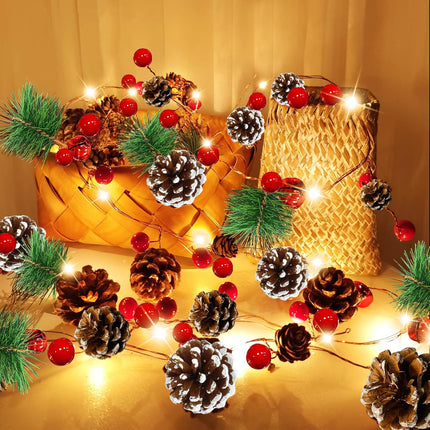 AMENON 2 Pack Christmas Pinecone Lights Total 14 Ft 40 LED Red Berry Pine Cone Garland with Timer Lights Battery Operated Xmas Fairy String Lights Home Indoor Christmas Decorations, 7 Ft 20 LED Each