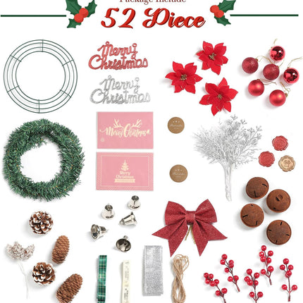 Serra Flora 52 Piece of Christmas Ornament DIY Wreath Craft Kit Includes Wire Wreath Frame, Green Tinsel Garland Pinecones, Christmas Balls Little Bell,Poinsettia,Red Berry for Christmas Decorations