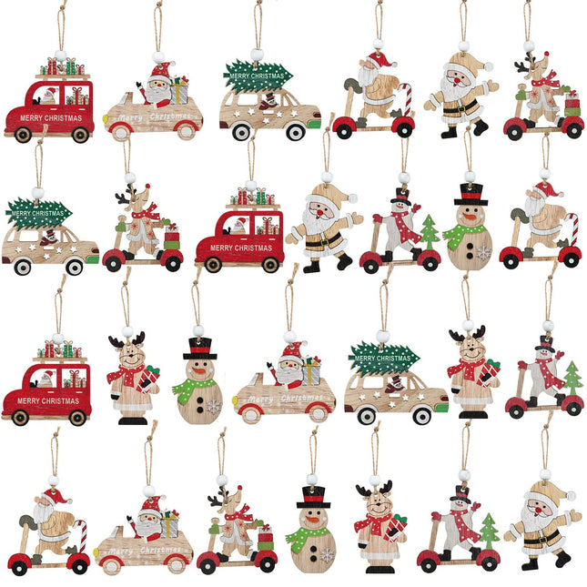 Lvydec 27pc Wooden Christmas Hanging Ornaments Clearance, Santa Snowman Reindeer and Car Ornaments with Colorful Painting for Christmas Tree Home Decoration
