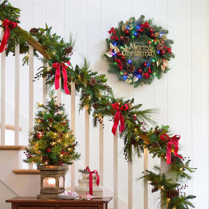 18 Inch Christmas Wreaths for Front Door, Lighted Outdoor Christmas Wreath with 40 LED Lights Timer Pine Cones for Window Fireplace Winter Xmas Decorations, Battery Operated