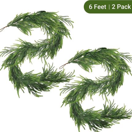 2 Pcs Real Touch Norfolk Pine Garlands 6FT Artificial Pine Greenery Garlands Faux Christmas Garland for Holiday Seasonal Indoor Home Decor Mantle