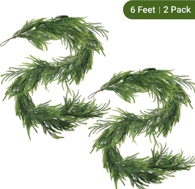 2 Pcs Real Touch Norfolk Pine Garlands 6FT Artificial Pine Greenery Garlands Faux Christmas Garland for Holiday Seasonal Indoor Home Decor Mantle