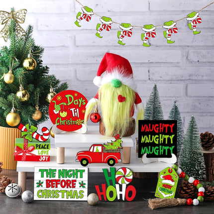 18 Pcs Christmas Tiered Tray Decor Set Lime Green Red Gnome Plush Christmas Wooden Sign Bead Garland Christmas Centerpiece Table Xmas Decorations for Home Farmhouse Holiday Table Indoor Decor