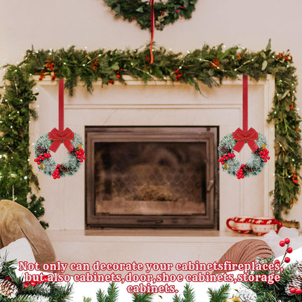12 Pcs Cabinet Wreaths for Kitchen Mini Christmas Wreaths with Ribbon Small Christmas Farmhouse Wreaths Artificial Pine Cone Hanging Wreath for Front Door Window (Red)