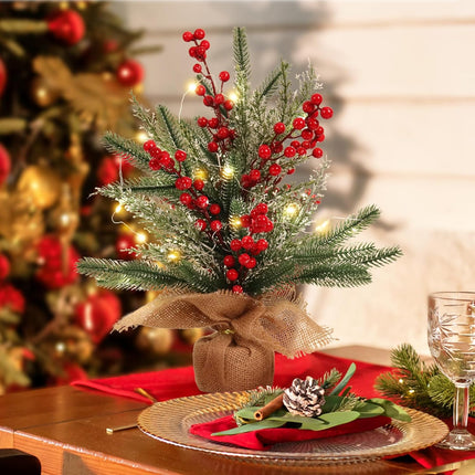 RECUTMS Tabletop Mini Christmas Tree Small Christmas Tree with Lights for Table Faux Miniature Xmas Trees with Red Berries Burlap Base Pine Branches Artificial Trees Indoor Home Decor s