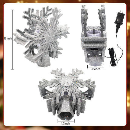 Christmas Tree Topper, Purtuemy 3D Snowflake Projection Lighted Tree Topper Christmas Decorations, 9’’ Silver Snowflake Xmas Ornaments for Indoor Year Holiday Tree Decoration, Idea