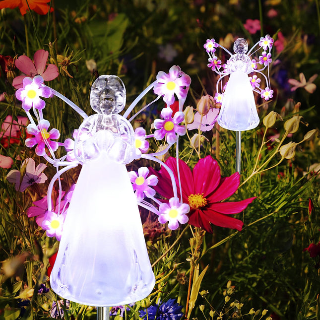 Flumy Solar Lights Outdoor Waterproof 2 Packs,Cemetery Grave Decorations,Memorial ,Christmas Yard Art,Solar Lights for Outside Gardening Supplies, Iron Winged Angel Light Solar Powered，Pink