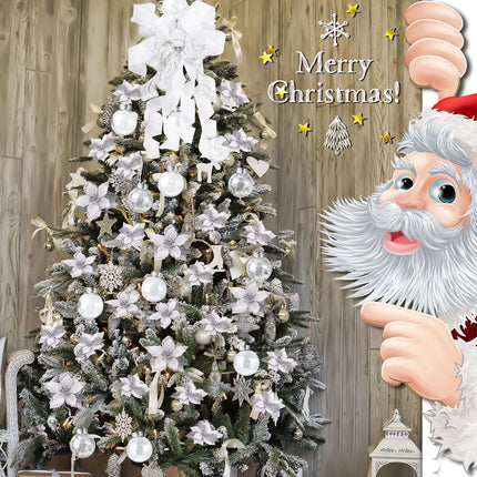 49 Pcs Silver Christmas Tree Decoration Set Christmas Tree Topper Bow 24 Pcs Christmas Glitter Artificial Poinsettia Flowers and 2.36 Inch Xmas Ball Ornaments for Xmas Party Holiday Decor