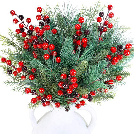 Winlyn 65 Pcs Artificial Pine Branches and Red Berries Stems Christmas Greenery Stems Cedar Picks for Christmas Tree Wreath Winter Wedding Holiday Floral Arrangement Table Centerpiece DIY Crafts