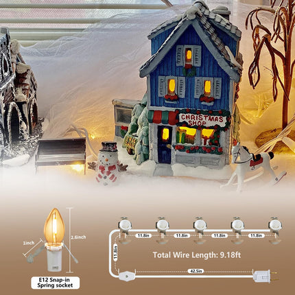5 Base C7 String Bulbs Christmas Village Light Accessory Cord with 5 LED Light Bulb Universal Clip White Cord with On/Off Spare Fuse Switch Plugs for Decorations Christmas Village House