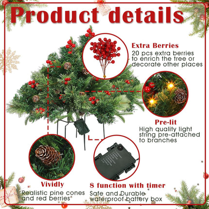 Tigeen 2 Pcs 22 Inch Christmas Tree Frosted Urn Filler Outdoor Planter Pots Filler Prelit Xmas Pine Trees with Cones and Red Berries 50 Warm White LED with 8 Light Modes and Timer for Yard(Common)