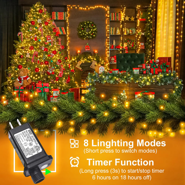 100FT 300 LED Christmas Lights Outdoor, Christmas Tree Lights with 8 Modes Waterproof, Green Wire String Twinkle Lights, Plug in Xmas Decorations for Indoor Patio House Party Holiday, Warm White