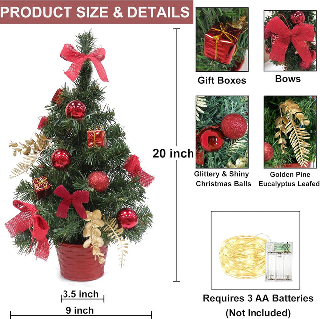 2PACK GRANDEAL 20 Inch Lighted Tabletop Mini Christmas Tree, Artificial Small Christmas Tree with Lights with Timer, Red Pot Box Bows Ornaments Christmas Decoration, Holiday Indoor Decoration