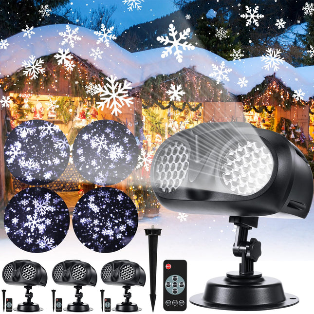 4 Pcs Christmas Snowflake Projector Lights Outdoor Waterproof Highlight Rotating LED Snow Lights with Remote Control for Xmas Holiday Party Garden Landscape Home Decoration