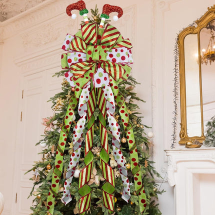 Christmas Tree Topper Wreath Bow with Elf Legs, 52×12Inch Large Toppers Bow Red Green Dot Glitter Ribbon for Christmas Tree Decorations Xmas Ornament Holiday Festival Home Indoor Outdoor Decor