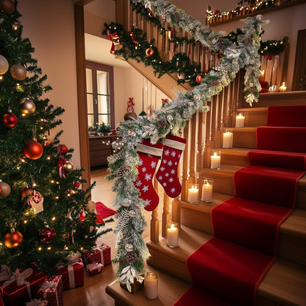 6.2FT Artificial Snowy Christmas Garland for Mantel, Thick Frosted Pine Garland Flocked Garland with Pine Cones, Realistic Cedar Garland for Xmas Holiday Table Stairs Fireplace Door Winter Decorations