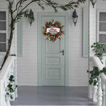 20 inch Artificial Christmas Wreath Winter Wreath with red Ball,red Berry,Pine Needles for Indoor Outdoor Farmhouse Home Wall Window Festival Wedding Decor