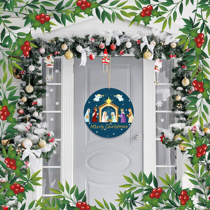 Nativity Scene Wooden Door Decor Merry Christmas Wreath Sign Holy Nativity Wreath Religious Nativity Door Decoration Christmas Farmhouse Wall Hanging Decorations with Rope for Home