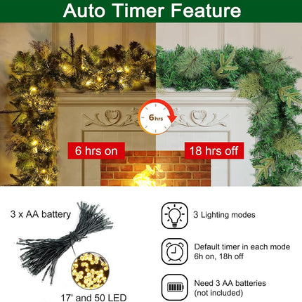 Christmas Garland with Lights, Prelit Xmas Garlands with Timer Outdoor Lighted Winter Pine Garlands with 50 LED Battery Powered String Light for Indoor, Party, Home Decoration, 9 Ft by 10 Inch