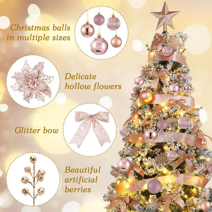 Poen 108 Pcs Christmas Tree Ornament Set Including Xmas Tree Ball Glitter Poinsettia Bows Berries Stems Leaves Snowflakes Ribbon Lights for Christmas Decoration(Rose Gold)