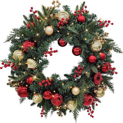 Christmas Lighted Wreath for Front Door, 28 Inches Pre-Lit 35 LED Lights, Red and Golden Artificial Holiday Wreath with Berries for Indoor Outdoor Home Decorations