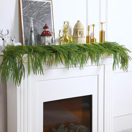 5 FT Christmas Garlands Norfolk Pine Garland Artificial Norfolk Garland Real Touch Pine Garland Faux Greenery Cedar Garland with 2 Set Cow Bells on Rope for Mantle Table Fireplace Holiday Winter Decor