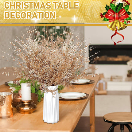50 Pcs Christmas Glitter Berries Stems Champagne Gold Xmas Artificial Pine Needles 17 Inches Christmas Artificial Picks Fake Branches Twigs Bead Stick for Tree DIY Craft Wreath Vase Fireplace