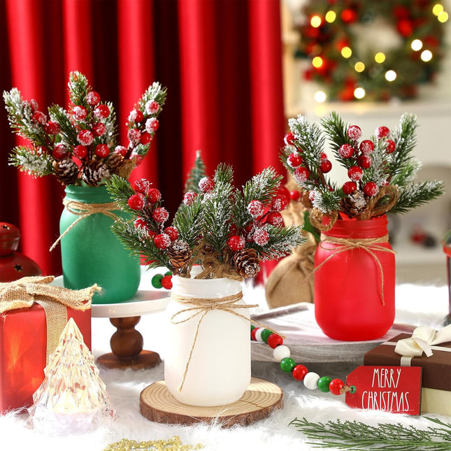 13 Pcs Christmas Mason Jar Table Centerpiece Artificial Red Berry Arrangement with Faux Pine Koob Ceg and Christmas Beaded Garland for Christmas Winter Tiered Tray Table Decor