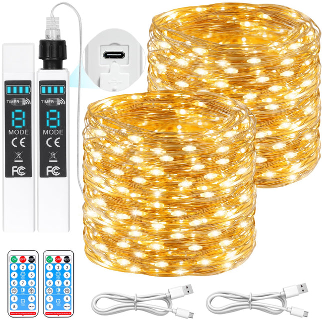 est Rechargeable Fairy Lights 66FT 2-Pack, 200 LED String Lights Battery Operated with Remote&Timer, Waterproof Outdoor Twinkle Lights for Camping DIY Christmas Party Garden Tree, Warm White