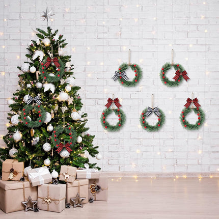 Whaline 8Pcs Mini Christmas Wreath with 8Pcs Mini Plaid Bows Christmas Pine Wreaths Black White Red Bow Christmas Hanging Ornaments for Christmas Tree Window Wall Door Holiday Festival Decoration