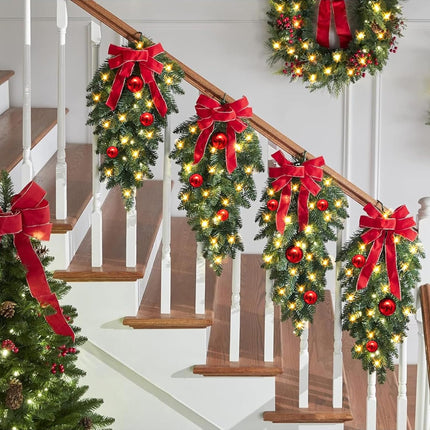 2 Pack Christmas Teardrop Swags Trim, Artificial Pine Swag with Bowknot, Red Berries and Pinecone, Winter Pine Needles Swag Greenery Cedar Swag for Xmas Table Door Decor (Green&Red)